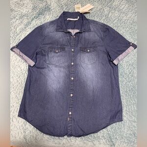 NWT Calvin Klein Jeans Top Womens Sz L Blue Denim Logo Roll- tab Short Sleeve